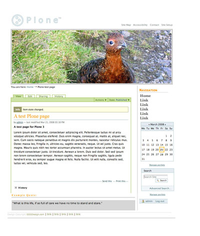 Screenshot of mock-up Simplicity theme working in Plone